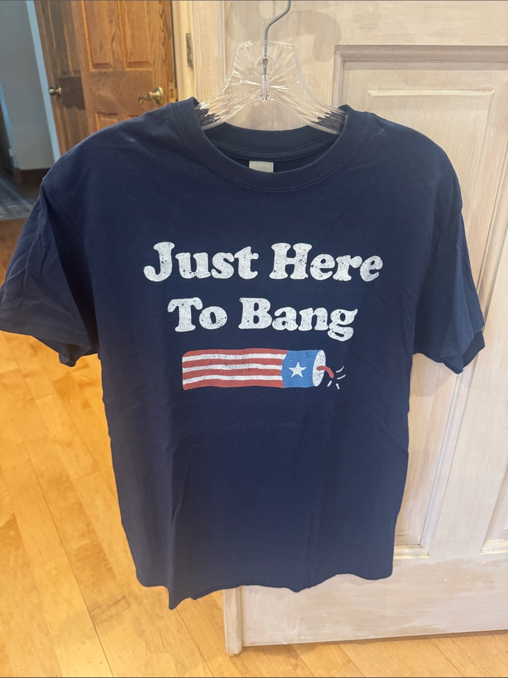 Gildan Navy Graphic Tee with White Text and Red, White & Blue Firecracker